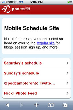 PodCamp Toronto 2010 mobile web app homepage