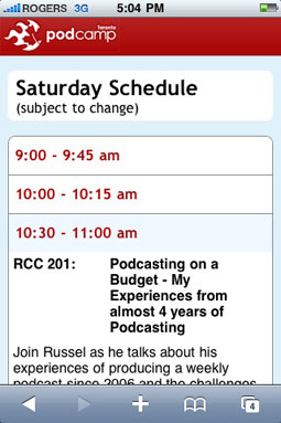 PodCamp Toronto 2010, 2011 mobile web app subpage