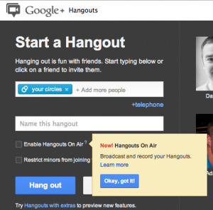 Screenshot showing the option to enable Hangouts On Air