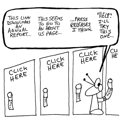 Spud walks over to all the doors and reads their notes one by one. “This link downloads an annual report… this seems to go to an about page… press releases I think. ‘Help’. I’ll try this one.