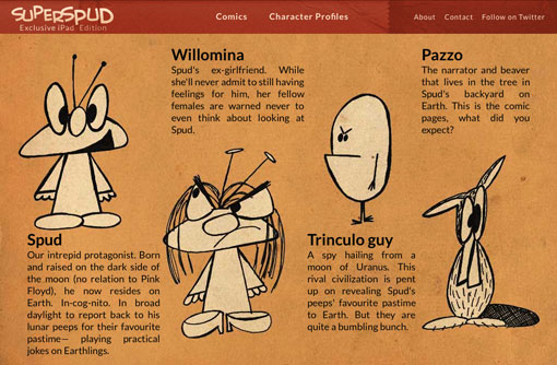Image of a character bios web page laid out like a newspaper
