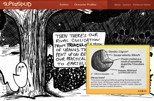 Screen shot of a website displaying a comic strip and popup window
