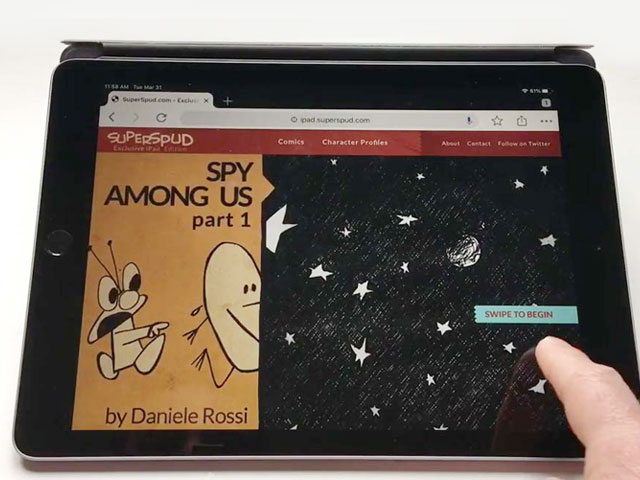 A finger about to swipe on an iPad to read comics