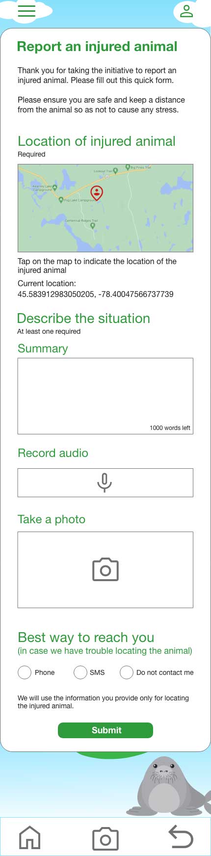 Colour mockup of a mobile app submit-a-report screen.