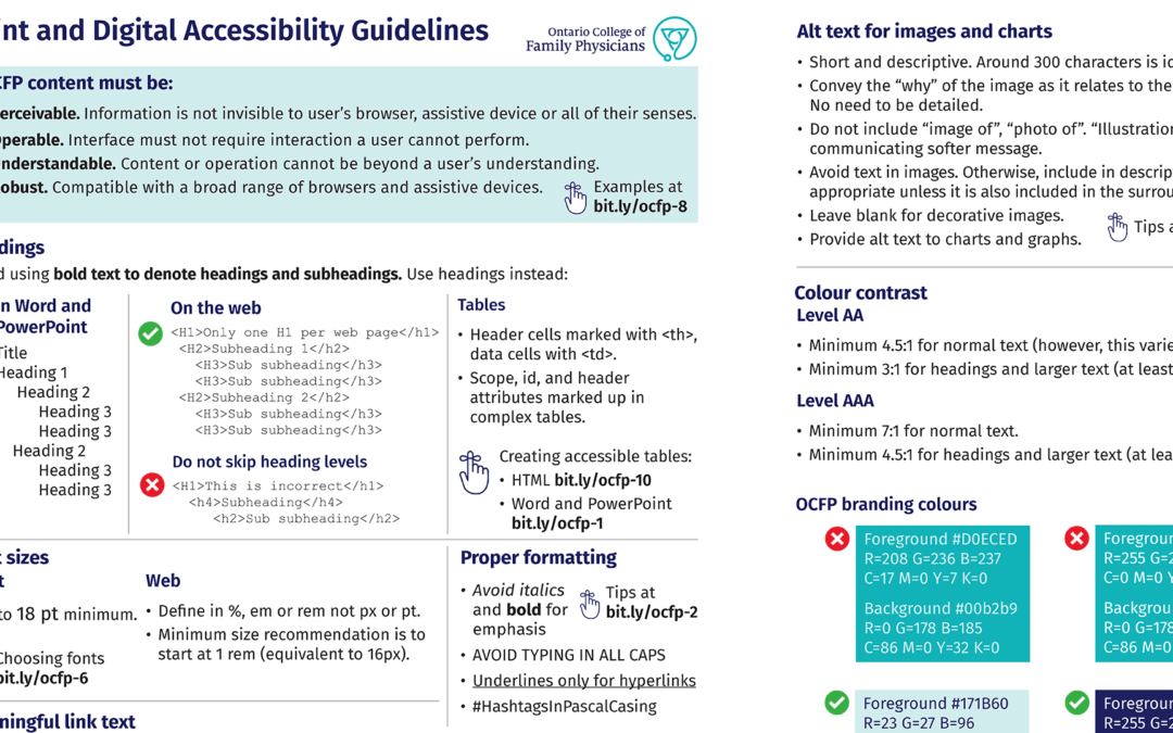 A section of a guide sheet with samples of text, colour combinations and tips.