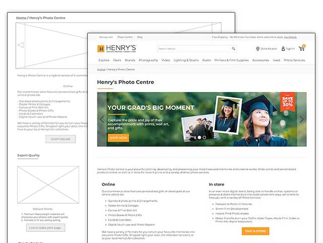 Screenshots of a website and its wireframe