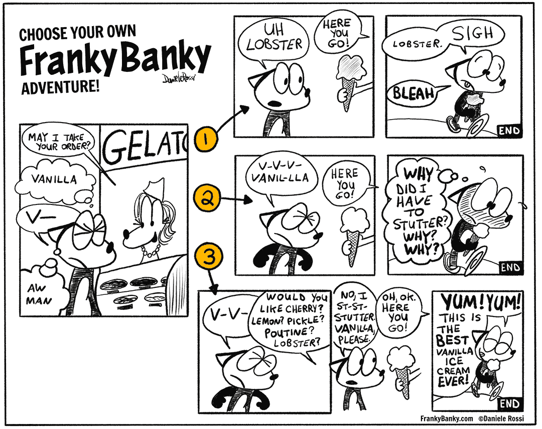 A choose-your-own adventure comic strip entitled, “Choose your own Franky Banky adventure!”. A female fox cartoon tending to her gelato stand asks a male customer named Franky Banky, “may I take your order?”. Franky Banky wants to say vanilla but he stutters his order. He is thinking to himself, “aw man”. There are three next step scenarios he can take. The first is he says, “uh, lobster” to which the girl at the counter says “Here you go!” as she hands him a lobster ice cream cone. In the next panel, Franky Banky is walking away eating the ice cream but is disgusted. “Lobster” he sighs to himself, “bleah”. In the second scenario, he stutters his order, “va-va-vanilla”. The girl says, “here you go!” As she hands him a vanilla ice cream cone. In the next panel, Franky Banky walks away feeling embarrassed. “Why did I have to stutter? Why? Why?” He asks himself. In the third scenario, Franky Banky stutters his order, “va-va-va” but is interrupted by the girl who asks “Would you like cherry? Lemon? Pickle? Poutine? Lobster?”. Franky Banky explains in the next chapter, “no, I stuh stuh stutter. Vanilla, please”. The girl says, “Here you go!” as she hands him a vanilla ice cream cone. In the next panel, Franky Banky is happily eating his ice cream and saying “Yum! Yum! This is the best vanilla ice cream ever!”