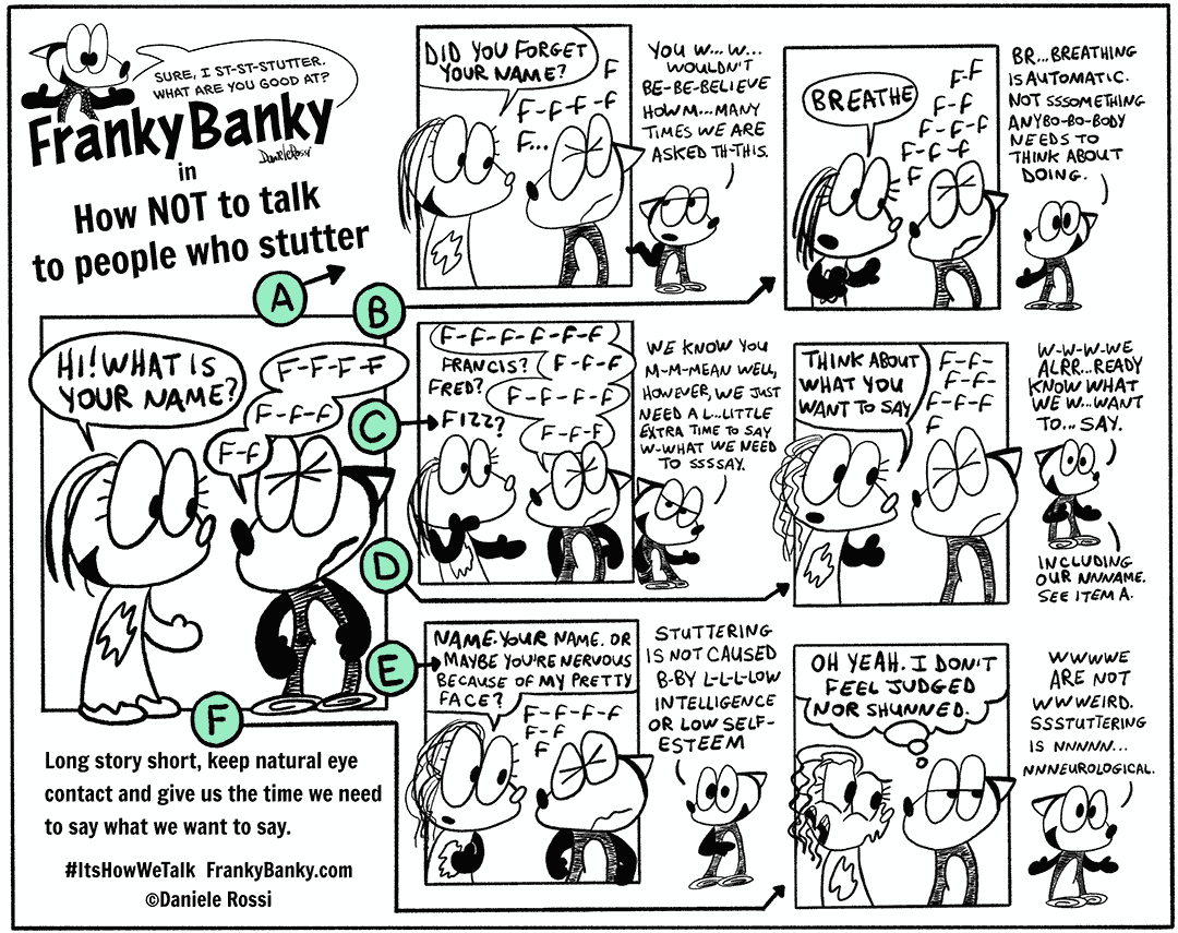 A comic strip in 7 panels that is more like an infographic. Entitled, How not to talk to people who stutter, the comic begins with a female fox asking a male fox, Hi, what is your name?. The male fox, named Franky Banky, begins to reply but it stuttering. The following six scenarios take place. Scenario A, the girl asks, did you forget your name? Next to this panel is Franky Banky saying to the reader, you wouldn’t believe how many times we are asked this. Scenario B, the girl tells Franky Banky too breathe. Next to this panel is Franky Banky saying to the reader, breathing is automatic. Not something anybody needs to think about doing. Scenario C, the girl tries to guess by asking Francis? Fred? Fizz? Next to this panel is Franky Banky saying to the reader, we know you mean well, however, we just need a little extra time to say what we need to say. Scenario D, the girl says, think about what you want to say. Next to this panel is Franky Banky saying to the reader, we already know what we want to say. Including our name. Re-read item A. Scenario E, the girl says, Name. Your name. Or maybe you’re nervous because of my pretty face? Next to this panel is Franky Banky saying to the reader, stuttering is not caused by low intelligence or low self-esteem. Scenario F, the girl gives Franky Banky a funny look. Next to this panel is Franky Banky saying to the reader, we are not weird. Stuttering is neurological. Near the bottom of the comic is a summary saying Long story short, keep natural eye contact and give us the time we need to say what we want to say. Followed by the it’s how we talk hashtag and the franky banky dot com website address.