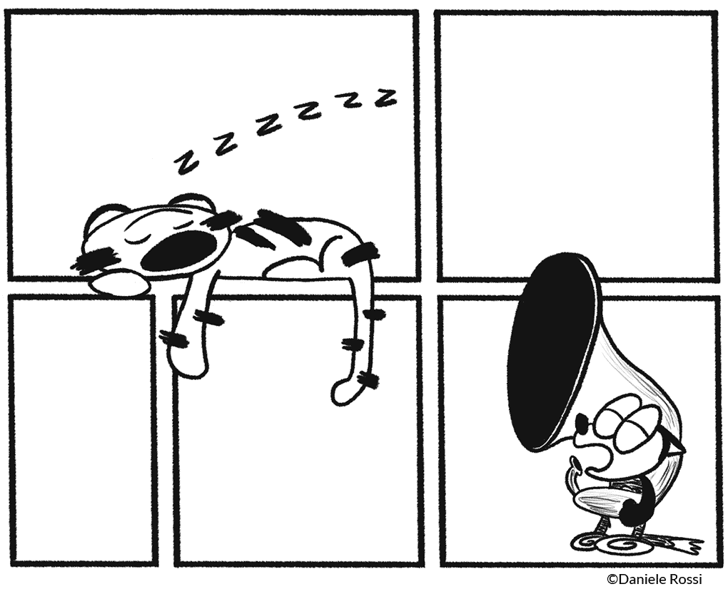 A cartoon tiger sleeping in the panels of an empty comic strip while a nearby fox is about to blow into a tuba.
