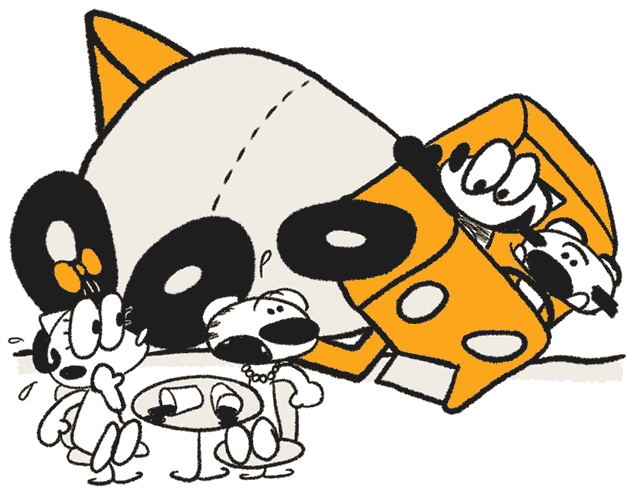 a cartoon illustration of, it's hard to explain, a fox and tiger in a crashed cement truck waving hello to women sitting at an outdoor cafe next to them.