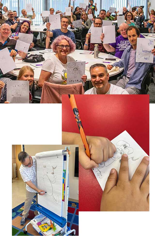 a collage of photos of cartooning workshops