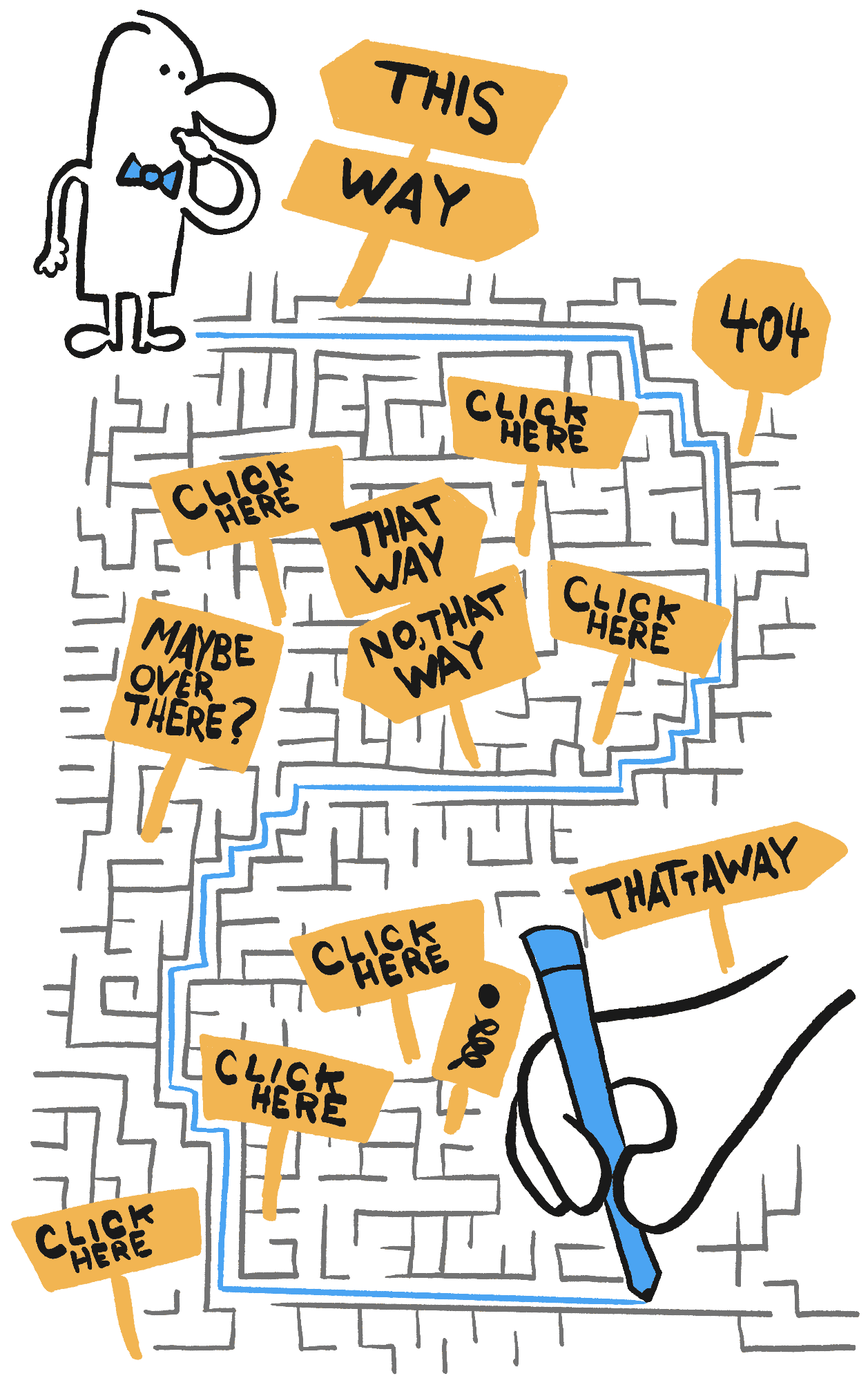 A cartoon illustration of a confused man standing in the middle of a maze filled with contradicting signs telling him where to go. Meanwhile, the cartoonist's hand is drawing the path towards his goal.