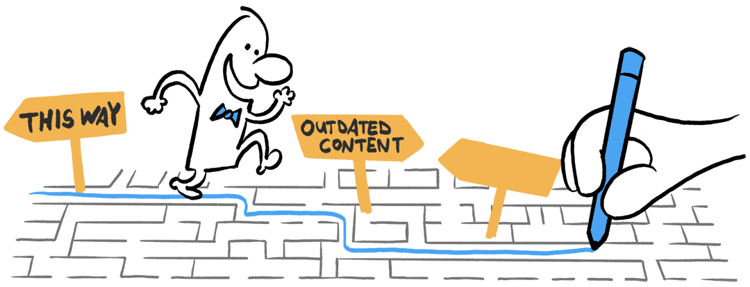 A cartoon illustration of a smiling man confidently walking through a maze and following the path the cartoonist is drawing towards his goal.