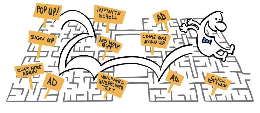 A cartoon illustration of a man happily jumping around a complex maze towards his goal.