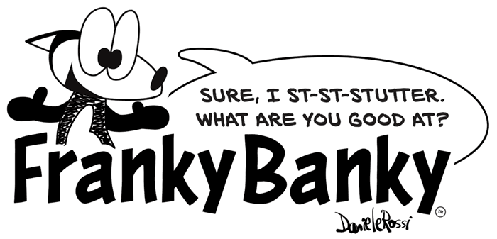 A logo for Franky Banky comics featuring a fox stuttering sure I stuh stu stutter, what are you good at?