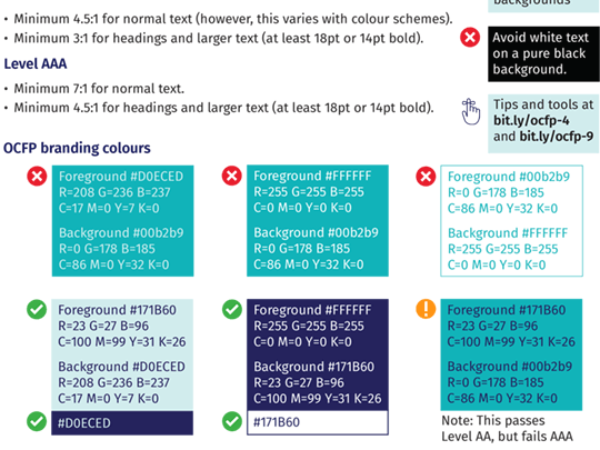Snippet of an accessibility guide showing colour schemes.