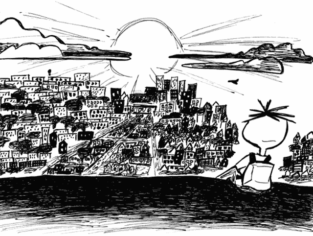 Illustration of a man looking down over a city and sunset from a hilltop