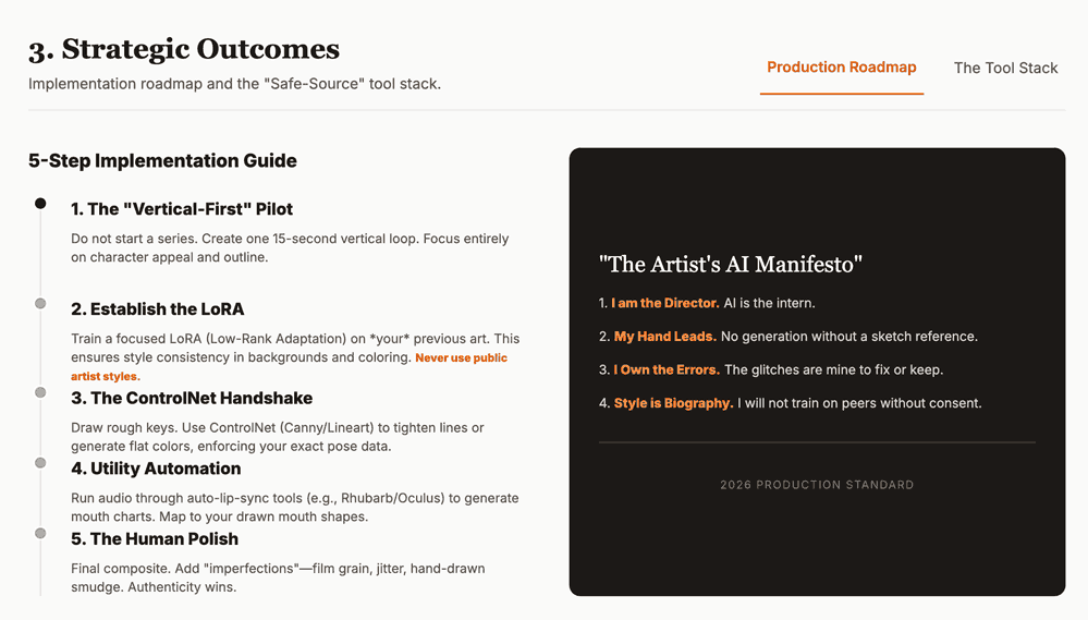 The Artist A.I. Manifesto. 1. I am the director. A.I. is the intern. 2. My hand leads. No generation without a sketch reference. 3. I own the errors. The glitches are mine to fix or keep. 4. Style is biography. I will not train on peers without consent.